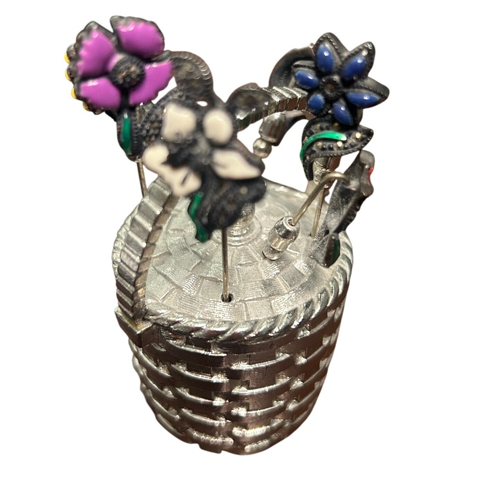 Judith Jack sterling enamel floral stick pins in a silver tone basket #304 - Picture 5 of 9